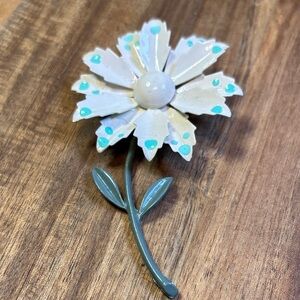 Enameled flower brooch - white with blue polka dots